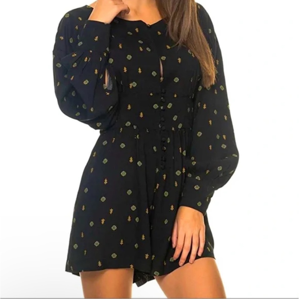 C26 Free people black boho chic long sleeve shorts romper button down retro